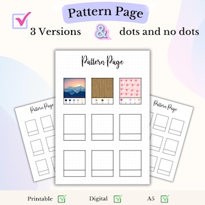 May include: Printable pattern page with three different versions: a mountain landscape, wood grain, and a pink floral pattern. Each version has a color palette and a grid of blank squares for creating patterns.
