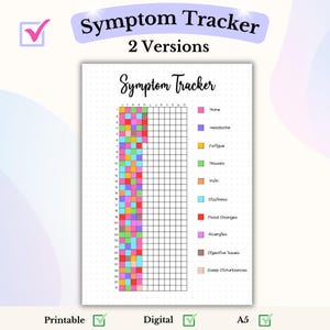 Könnte beinhalten: Ein druckbarer Symptom-Tracker mit einem Raster aus Quadraten für jeden Tag des Monats. Die Quadrate sind farbcodiert, um verschiedene Symptome darzustellen, wie z. B. Kopfschmerzen, Müdigkeit, Übelkeit, Schmerzen, Schwindel, Stimmungsschwankungen, Allergien, Verdauungsprobleme und Schlafstörungen.