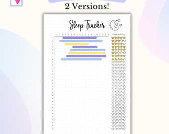 May include: A printable sleep tracker with a dotted grid and a section for recording sleep quality with stars. The tracker has a blue, yellow, and purple color scheme and includes a moon and stars graphic.