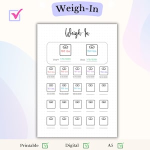 Puede incluir: Seguimiento de peso imprimible con un icono de escala y fechas para cada semana. El seguimiento incluye un peso inicial de 165 libras y un peso objetivo de 150 libras. Las fechas van del 1/10/2024 al 1/12/2024.