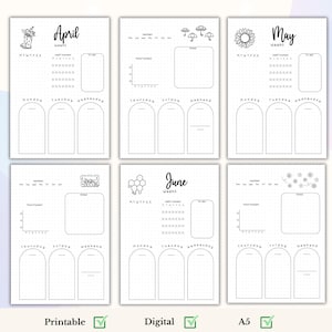 May include: Printable weekly planner pages with a dotted grid and space for daily tasks, mood tracking, and notes. The pages are decorated with seasonal themes: April with rain boots, May with sunflowers, and June with honeycombs.