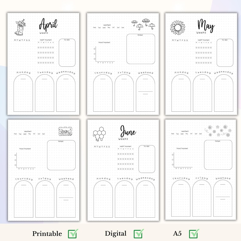 May include: Printable weekly planner pages with a dotted grid and space for daily tasks, mood tracking, and notes. The pages are decorated with seasonal themes: April with rain boots, May with sunflowers, and June with honeycombs.