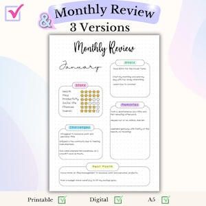 May include: A printable monthly review planner with a pink and purple color scheme. The planner includes sections for goals, memories, challenges, and next month. The planner is titled "Monthly Review" and "January".