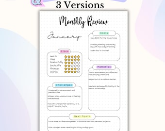Página de revisión mensual del Bullet Journal Planificador mensual Planificador imprimible Página de reflexión del mes de un vistazo
