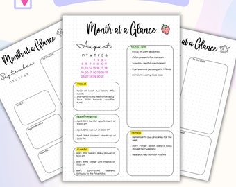 May include: A printable monthly planner with a pink and white polka dot background. The planner is titled "Month at a Glance" and features a strawberry graphic. The month of August is displayed with a calendar grid and a to-do list, goals, appointments, and events sections. The planner also includes a notes section.