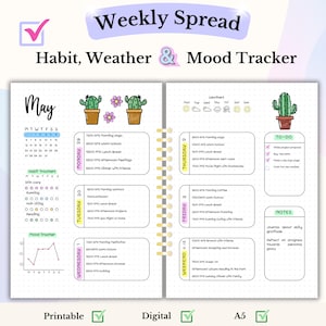 Wekelijkse spread Bullet Journal-pagina A5 afdrukbare digitale planner ongedateerd weekplanner Bujo maandelijkse pagina gewoontetracker Mood Tracker