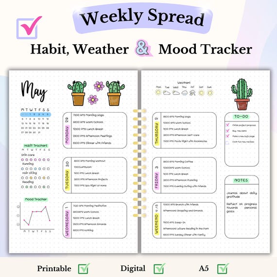 Weekly Spread Bullet Journal Page A5 Printable Digital Planner Undated Weekly Planner Bujo Monthly Page Habit Tracker Mood Tracker