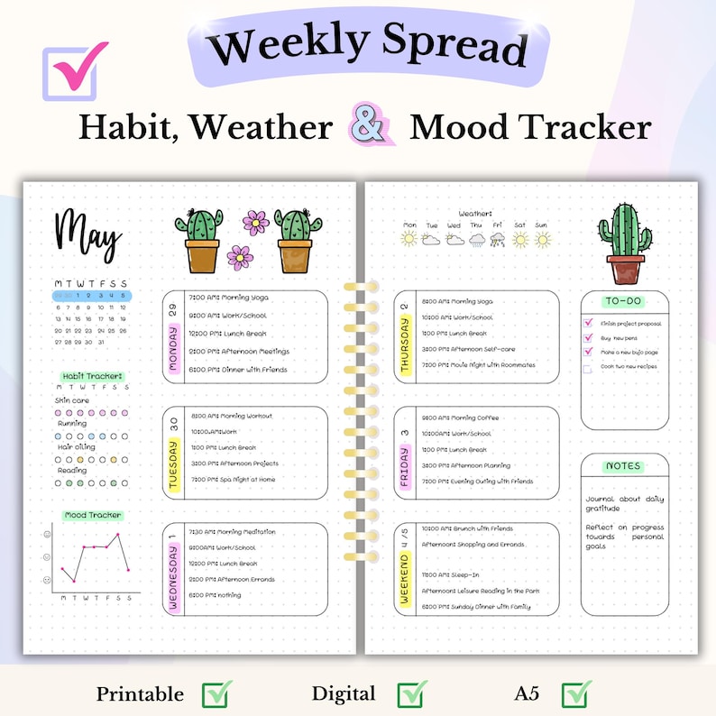 Weekly Spread Bullet Journal Page A5 Printable Digital Planner Undated ...