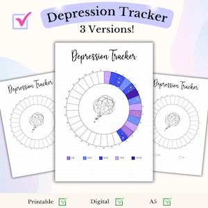 Puede incluir: Tres hojas imprimibles de seguimiento de la depresión. La hoja principal tiene un diseño circular con un gráfico de cerebro en el centro y una sección codificada por colores para el seguimiento del estado de ánimo. El texto "Depression Tracker" está en la parte superior de cada hoja. También está el texto "3 Versions!"