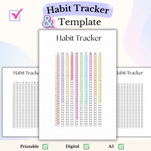 Könnte beinhalten: Eine druckbare und digitale Habit-Tracker-Vorlage im A5-Format. Die Vorlage verfügt über ein Raster mit 31 Spalten und 30 Zeilen, wobei jede Spalte einen Tag des Monats und jede Zeile eine Gewohnheit darstellt. Die Vorlage soll Benutzern helfen, ihre Fortschritte bei ihren Zielen zu verfolgen.