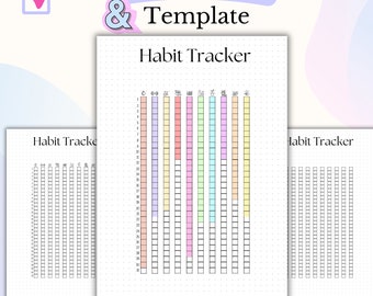 May include: A printable and digital habit tracker template in A5 size. The template features a grid with 31 columns and 30 rows, with each column representing a day of the month and each row representing a habit. The template is designed to help users track their progress on their goals.