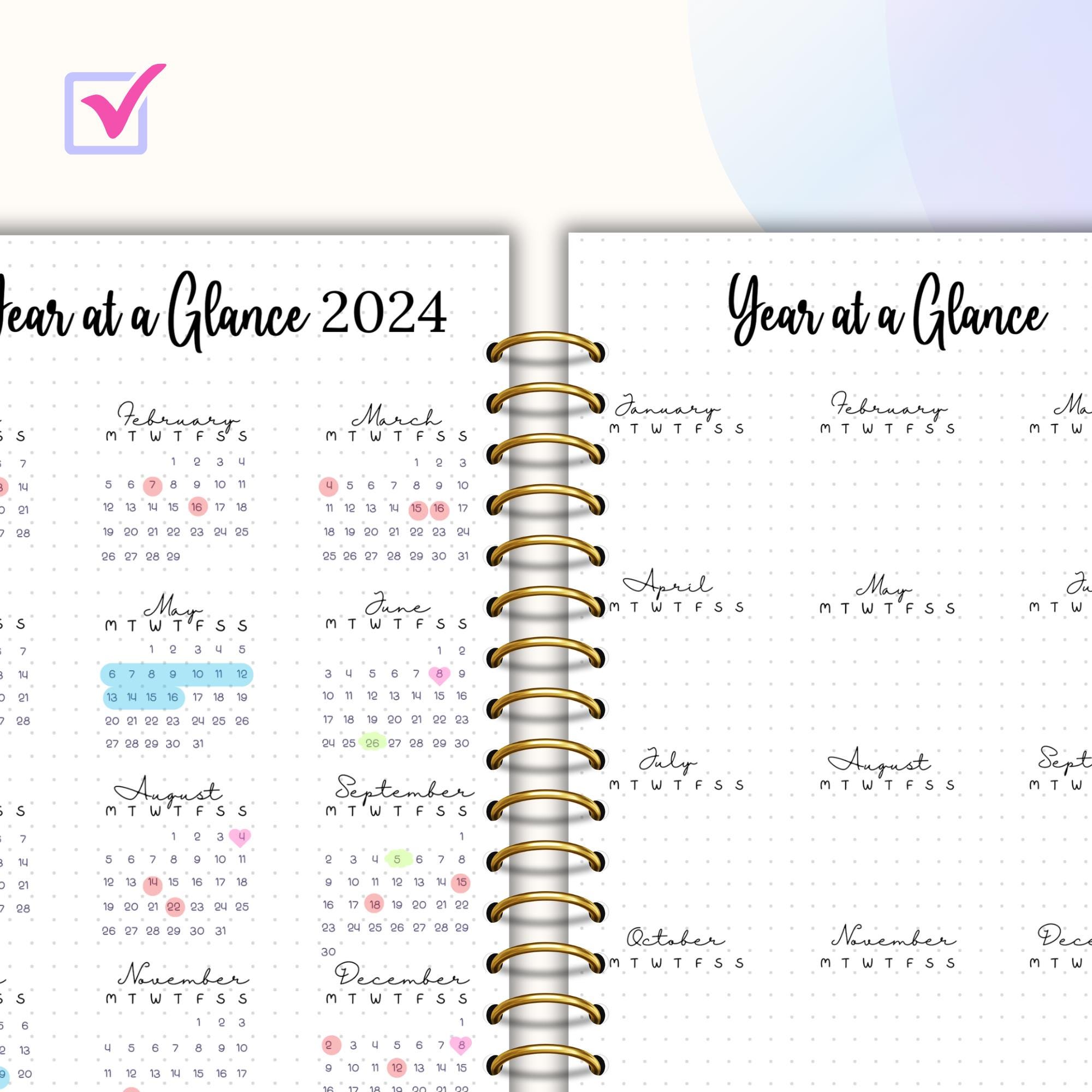 Year at a Glance Bullet Journal A5 Printable Dated and Undated Yearly ...