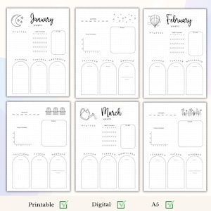 May include: Printable monthly planner pages featuring black and white illustrations. The pages are divided into sections for each day of the week, with space for notes and tasks. The months included are January, February, and March.