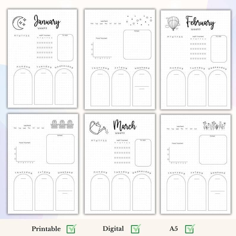 May include: Printable monthly planner pages featuring black and white illustrations. The pages are divided into sections for each day of the week, with space for notes and tasks. The months included are January, February, and March.