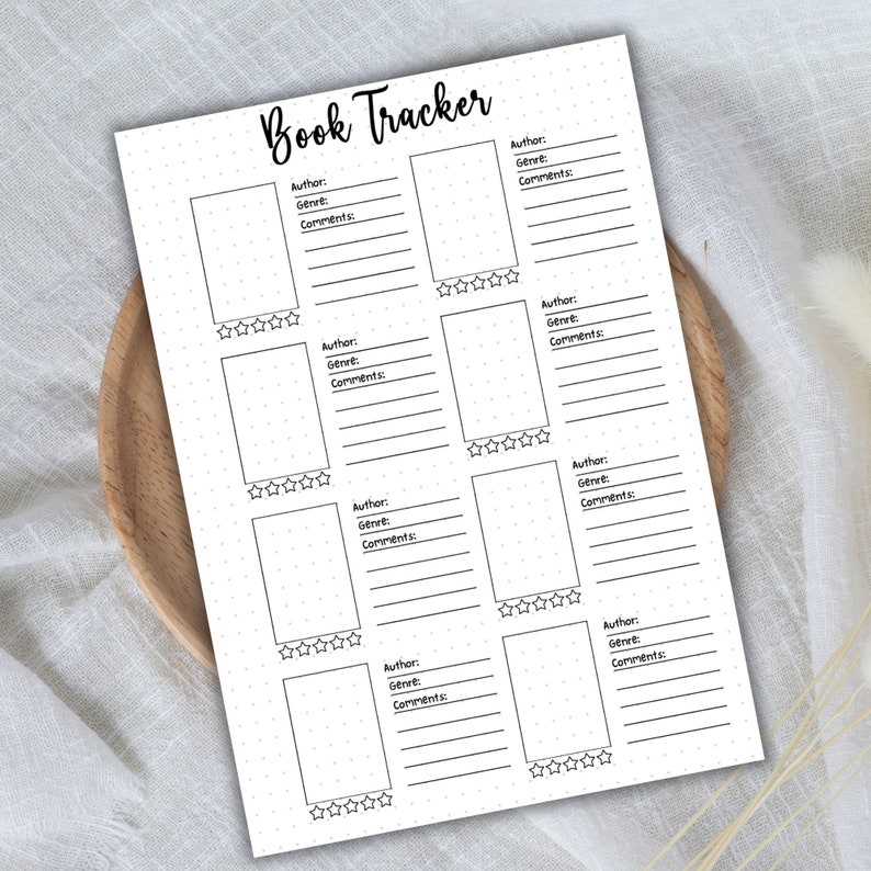 May include: A black and white printable book tracker with a dotted background. The tracker has spaces to write the author, genre, and comments for eight books. Each book entry has a space for five stars to rate the book.