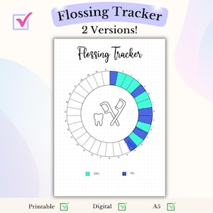 Puede incluir: Un rastreador de uso de hilo dental imprimible o digital con un círculo dividido en 31 secciones. Cada sección se puede colorear para indicar si usaste hilo dental ese día. El rastreador presenta un diente y dos palillos de hilo dental en el centro. El texto "Flossing Tracker" aparece en la parte superior de la página. Las palabras "Sí" y "No" están debajo del círculo, con un cuadrado verde junto a "Sí" y un cuadrado azul junto a "No".