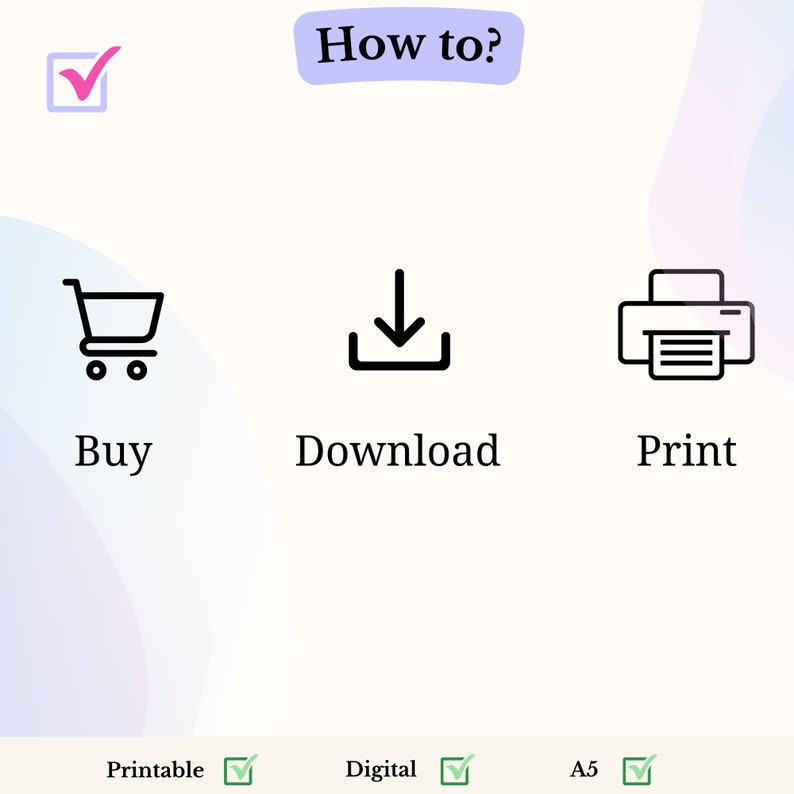 Puede incluir: C&oacute;mo comprar, descargar e imprimir un producto digital imprimible. La imagen muestra un icono de carrito de compras, un icono de flecha de descarga y un icono de impresora. Los textos "Imprimible", "Digital" y "A5" est&aacute;n marcados.