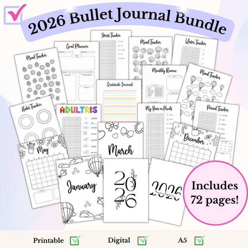 Zestaw Bullet Journal 2026 Zestaw startowy Bullet Journal Roczny tracker Miesięczne trackery Pakiet ekonomiczny Tracker nastroju Pakiet Bujo zdjęcie 1