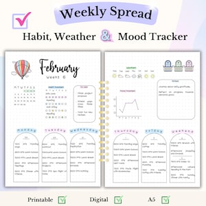 Weekly Spread Bullet Journal Page A5 Printable Digital Planner Undated Weekly Planner Bujo Monthly Page Habit Tracker Mood Tracker