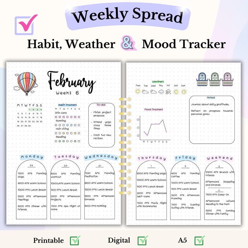 May include: A printable weekly planner with a pink, blue and green colour scheme. The planner includes sections for habit tracking, weather, mood tracking and daily to-do lists. The planner is titled "Weekly Spread Habit, Weather & Mood Tracker" and features the month of February.