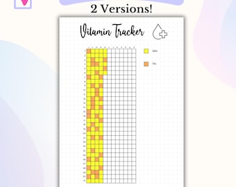 Puede incluir: Un rastreador de vitaminas imprimible y digital con una cuadrícula para cada día del mes. El rastreador tiene un esquema de color amarillo y naranja y el texto "Vitamin Tracker" está en la parte superior de la página.