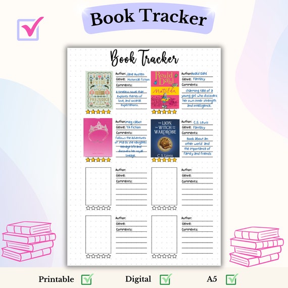 Book Tracker Bullet Journal A5 Reading Log Book Review Tracker Printable Page Digital Book Tracker Book Journal Reading Journal