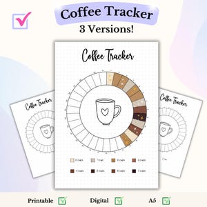 Può includere: Tracker di caffè stampabile con tre versioni diverse. Il tracker è un cerchio con una tazza di caffè al centro e una scala attorno all'esterno per tenere traccia delle tazze di caffè consumate. La scala è divisa in sezioni con colori diversi per rappresentare il numero di tazze consumate.