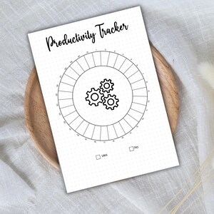 May include: A black and white printable productivity tracker with a circle divided into 30 sections. The center of the circle features a graphic of three gears. The text "Productivity Tracker" is at the top of the page. The words "Yes" and "No" are in checkboxes at the bottom of the page.