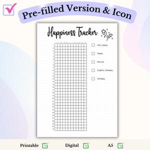 May include: A black and white printable happiness tracker with a grid of 30 squares and a scale of five mood options: Very Happy, Happy, Neutral, Slightly Unhappy, and Unhappy. The tracker is decorated with a small icon of a star and heart.