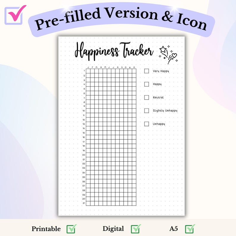 May include: A black and white printable happiness tracker with a grid of 30 squares and a scale of five mood options: Very Happy, Happy, Neutral, Slightly Unhappy, and Unhappy. The tracker is decorated with a small icon of a star and heart.