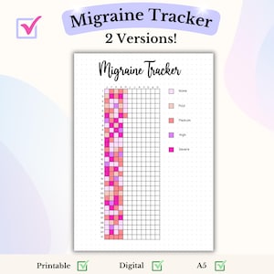 May include: A printable migraine tracker with a grid of squares for each day of the year. The squares are color-coded to indicate the severity of the migraine: none, mild, medium, high, and severe.