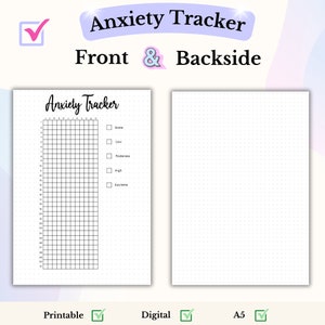 May include: Printable anxiety tracker with a grid for daily tracking and a checklist of anxiety levels: None, Low, Moderate, High, Extreme. The back side of the tracker is a dotted grid.