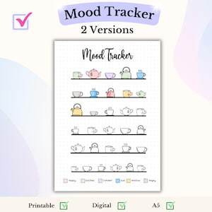 May include: A printable mood tracker with two versions. The tracker features a series of teapots and cups, each representing a different mood: happy, excited, content, sad, anxious, and angry.