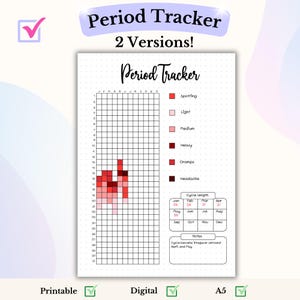 Op de afbeelding: Een printbare menstruatietracker met een raster om je cyclus bij te houden, een sectie om de cycluslengte te noteren en een sectie voor notities. Het raster is kleurgecodeerd om de ernst van je menstruatiestroom aan te geven, van spotting tot zware stroom. De tracker bevat ook secties om krampen en hoofdpijn te noteren.