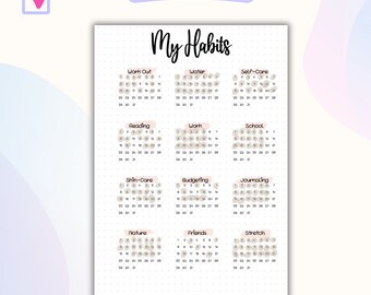 May include: Printable habit tracker with a monthly calendar layout. Each calendar has a different habit listed, such as "Work Out", "Water", "Self-Care", "Reading", "Work", "School", "Skin-Care", "Budgeting", "Journaling", "Nature", "Friends", and "Stretch".