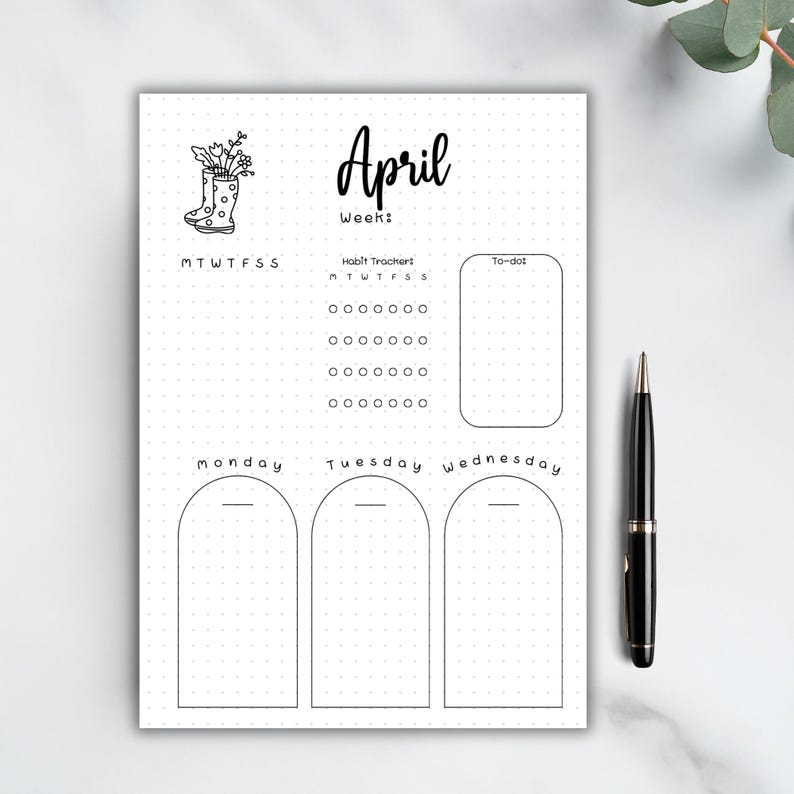 May include: A printable April weekly planner with a habit tracker, to-do list, and space for Monday, Tuesday, and Wednesday. The planner features a black and white illustration of a rain boot with flowers.