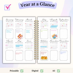 May include: A printable year-at-a-glance calendar planner with monthly spreads and space for notes. The calendar is designed with a dotted grid and includes illustrations of a camera, a wedding cake, a barbecue grill, a suitcase, and autumn foliage.