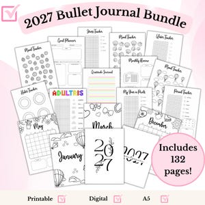 May include: A 2027 bullet journal bundle featuring 132 printable A5 pages. The collection includes various black and white trackers for mood, habits, water, stress, and gratitude, alongside monthly calendar layouts for January, May, and December.