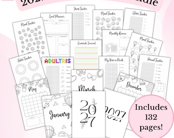 May include: A 2027 bullet journal bundle featuring 132 printable A5 pages. The collection includes various black and white trackers for mood, habits, water, stress, and gratitude, alongside monthly calendar layouts for January, May, and December.