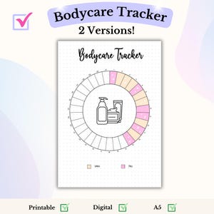 Puede incluir: Seguimiento de cuidado corporal imprimible y digital con un círculo dividido en 30 secciones. Cada sección está codificada por colores con rosa o beige para indicar "sí" o "no". El centro del círculo presenta un dibujo lineal de una botella de loción, un tubo de crema y una barra de jabón.