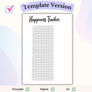 May include: Printable happiness tracker template with a grid for each month of the year. The grid is labeled with the months January through December. The template is designed for use with a dotted journal.