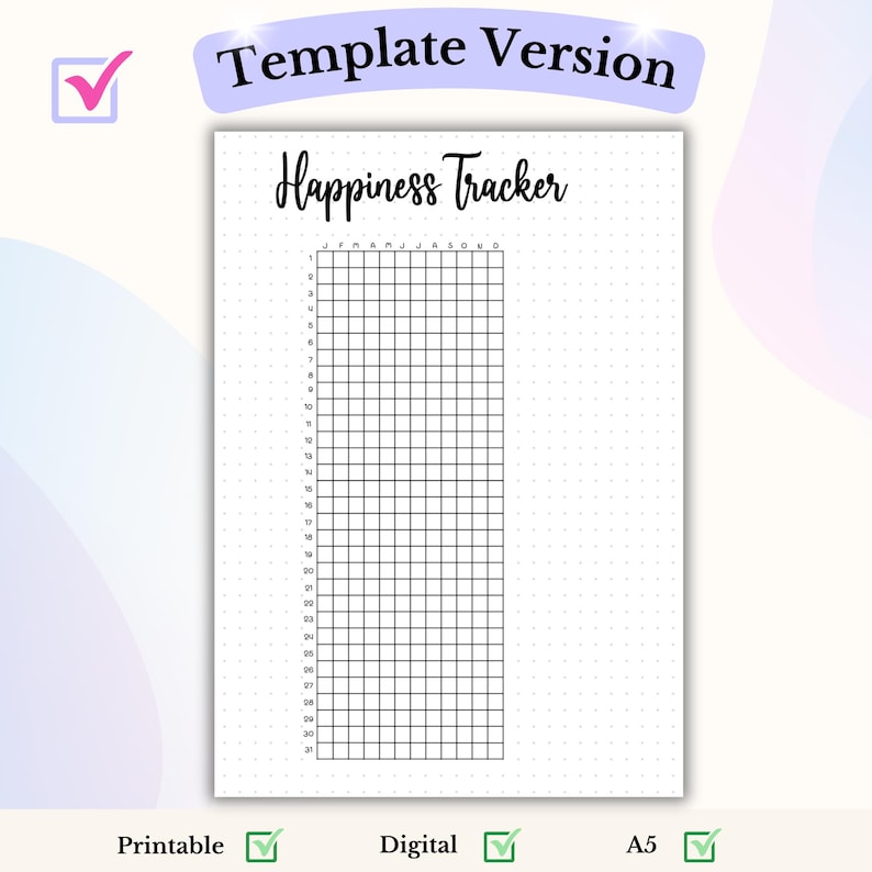 May include: Printable happiness tracker template with a grid for each month of the year. The grid is labeled with the months January through December. The template is designed for use with a dotted journal.