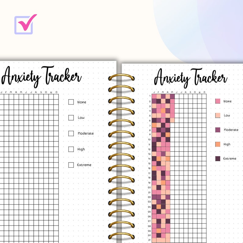 May include: A printable anxiety tracker with a grid for each month of the year. The tracker uses a color-coded system to track anxiety levels: none, low, moderate, high, and extreme.