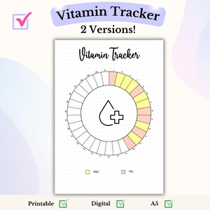 Op de afbeelding: Een printbare of digitale vitamine tracker met een cirkelvormig ontwerp. De tracker heeft 30 secties, met een gele sectie voor "ja" en een roze sectie voor "nee". De tracker is gelabeld "Vitamine Tracker" en heeft een waterdruppel met een plusteken in het midden.