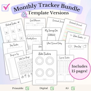 May include: A printable monthly tracker bundle with 15 pages. The pages include trackers for podcasts, steps, things to try, self-care bingo, goals, monthly review, habits, gratitude, savings, what you learned today, water, sleep, and expenses.