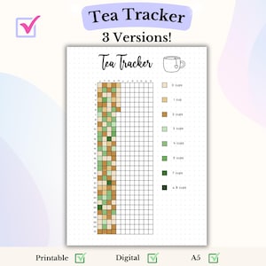 May include: A printable tea tracker with a grid for tracking daily tea consumption. The grid is divided into 31 squares, representing the days of the month. Each square can be colored in to indicate the number of cups of tea consumed that day. The tracker includes a key with different colored squares representing 0 to 8 cups of tea.