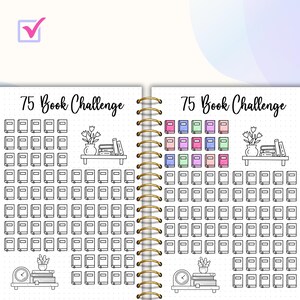Puede incluir: Un tracker de 75 desaf&iacute;os de lectura imprimible con una cuadr&iacute;cula de 75 cuadrados, cada uno representando un libro para leer. El tracker est&aacute; dise&ntilde;ado para bullet journaling e incluye una ilustraci&oacute;n decorativa de una estanter&iacute;a y una planta.