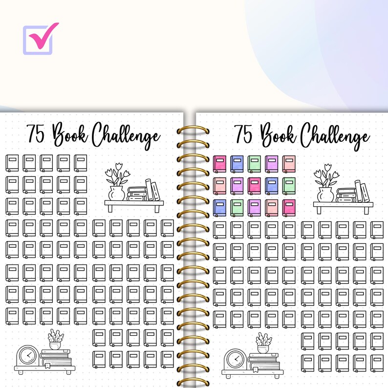Puede incluir: Un tracker de 75 desaf&iacute;os de lectura imprimible con una cuadr&iacute;cula de 75 cuadrados, cada uno representando un libro para leer. El tracker est&aacute; dise&ntilde;ado para bullet journaling e incluye una ilustraci&oacute;n decorativa de una estanter&iacute;a y una planta.