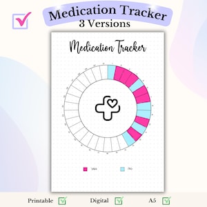 May include: A printable medication tracker with a circle divided into 30 sections. Each section is color-coded with pink for "yes" and blue for "no". The center of the circle features a plus sign with a heart inside. The text "Medication Tracker" is at the top of the page.