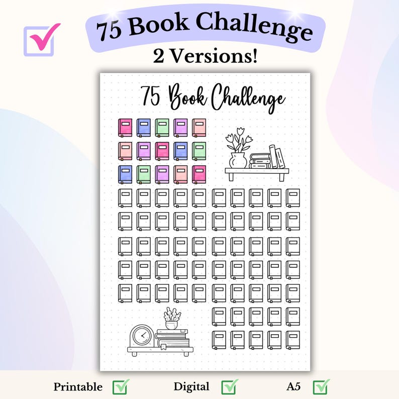 Puede incluir: Lista de verificaci&oacute;n de desaf&iacute;o de 75 libros imprimible con dos versiones. La primera versi&oacute;n tiene iconos de libros de colores y la segunda versi&oacute;n tiene iconos de libros en blanco. Ambas versiones tienen un estante con libros y una planta en la parte superior.